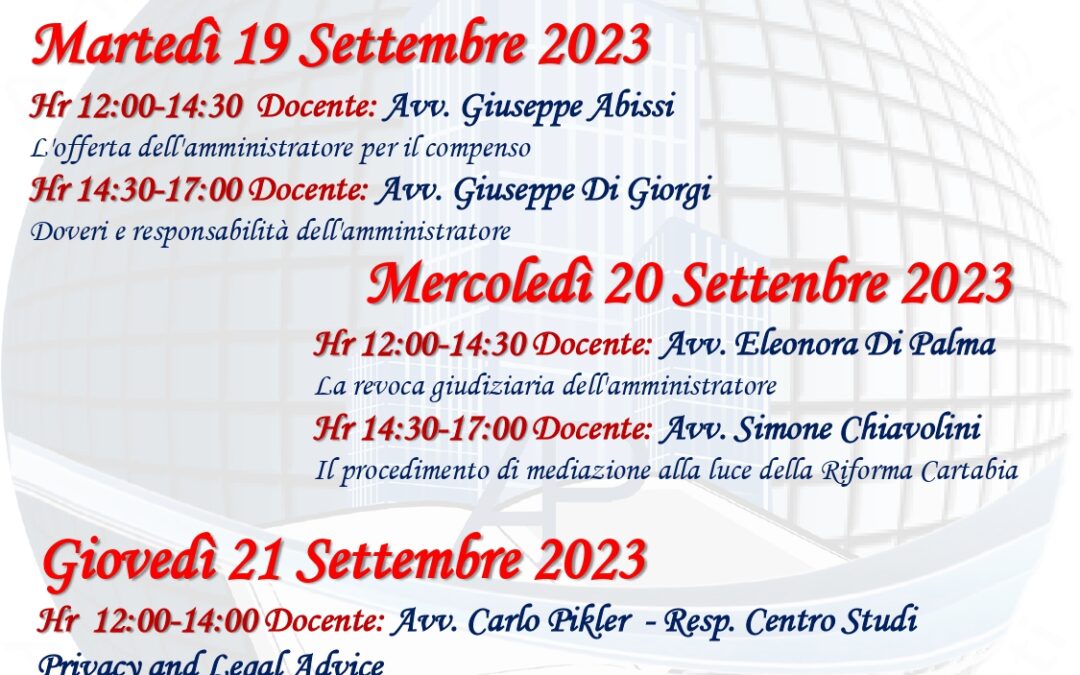 Corso Telematico di Aggiornamento Professionale – 19/20/21 settembre 2023