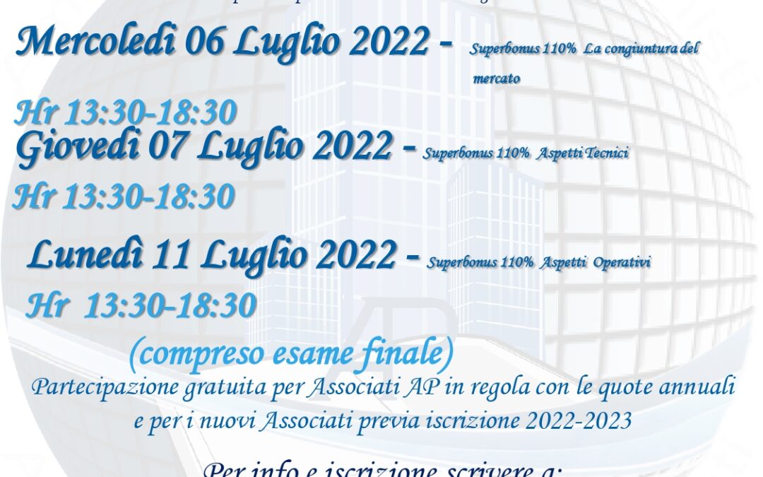 Corso Telematico di Aggiornamento Professionale  6/7/11 luglio 2022