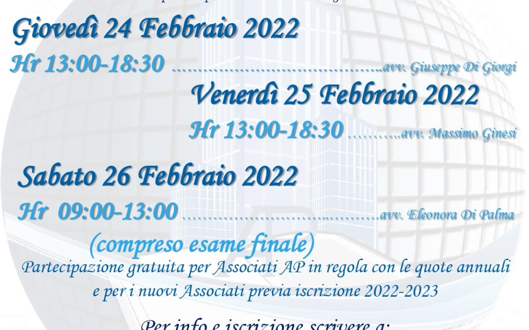 Corso Telematico di Aggiornamento Professionale – 24/25/26 febbraio 2022